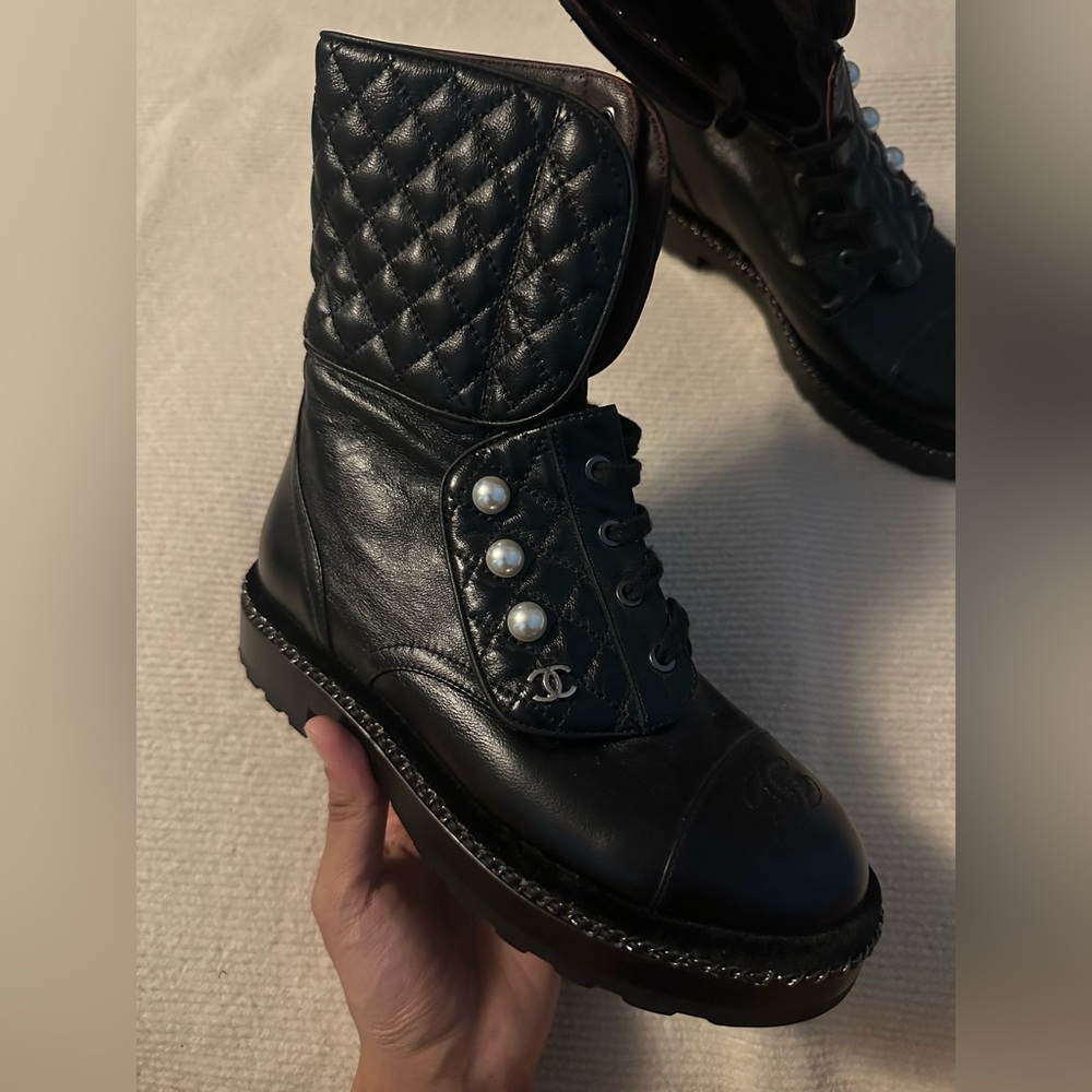 CHANEL Black Quilted Pearl-Button Lace-Up Boots